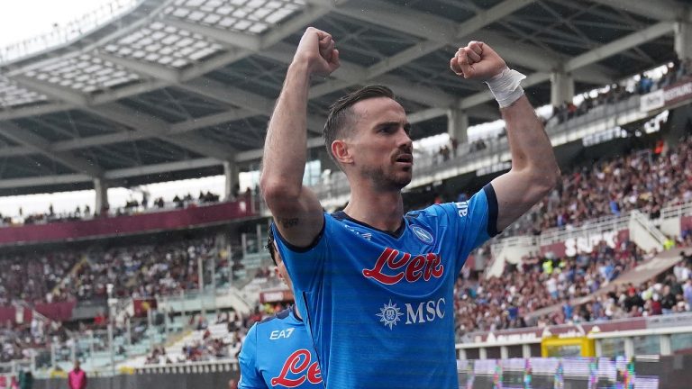 Napoli's Fabian Ruiz celebrates after scoring his side's first goal during the Italian Serie A soccer match between Torino and Napoli at the Olympic Stadium in Turin, Italy, Saturday, May 7, 2022. (Spada/LaPresse via AP)