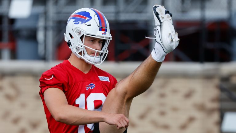 Buffalo Bills punter Matt Araiza (19) warms up during practice at the NFL football team's training camp in Pittsford, N.Y., Sunday July 24, 2022. (AP Photo/ Jeffrey T. Barnes)