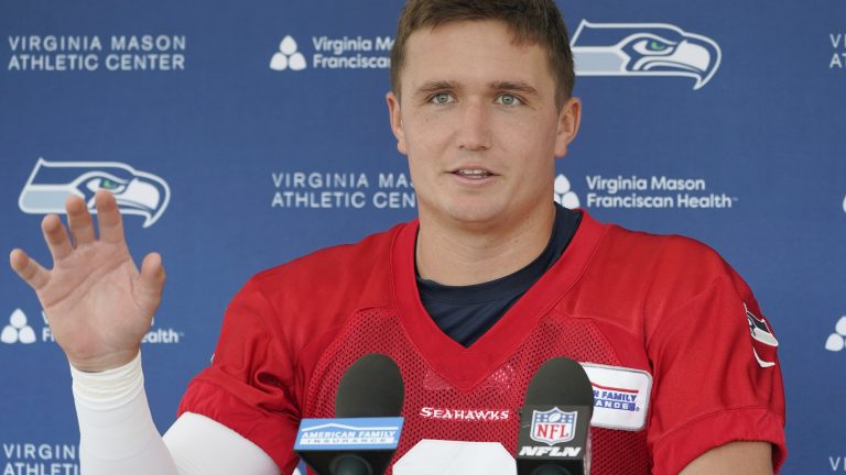 Seattle Seahawks quarterback Drew Lock talks to reporters after NFL football practice Monday, Aug. 1, 2022, in Renton, Wash. (Ted S. Warren/AP)