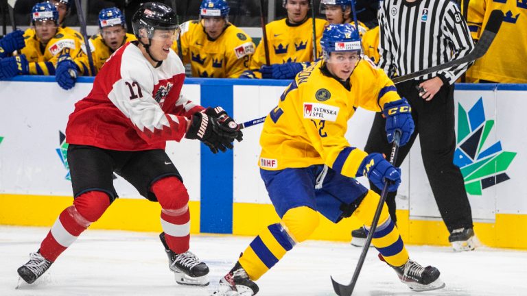 Sweden's Ludvig Jansson (12) and Austria's Senna Peeters (17) battle for the puck during third period IIHF World Junior Hockey Championship action in Edmonton on Friday August 12, 2022. (Jason Franson/CP)