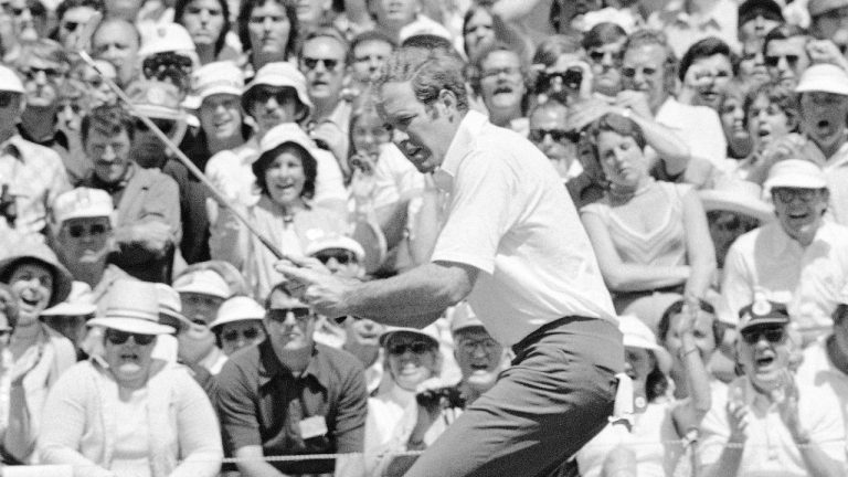 In this April 13, 1975, file photo, Tom Weiskopf birdies the third hole at Augusta National during the fourth round of play in the Masters golf tournament. In what was voted the fourth-best Masters, it was fourth runner-up finish for Weiskopf, a Masters record for those who never won.(AP Photo/Bob Daugherty, File)