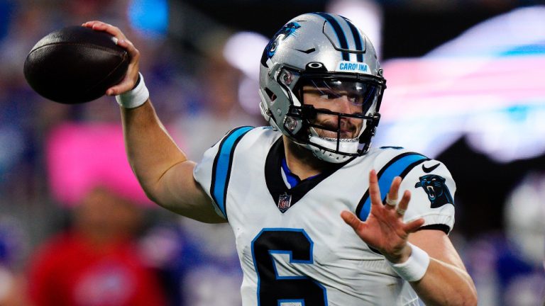 Carolina Panthers quarterback Baker Mayfield passes against the Buffalo Bills during the first have of an NFL preseason football game on Friday, Aug. 26, 2022, in Charlotte, N.C. (Jacob Kupferman/AP)