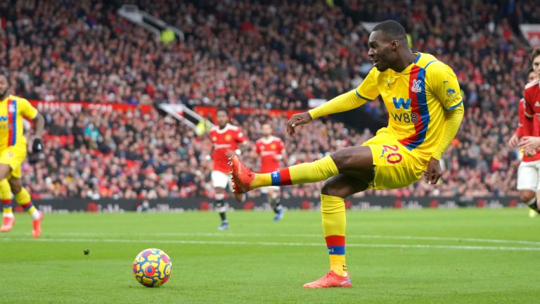 Crystal Palace's Christian Benteke makes an attempt to score during the English Premier League soccer match between Manchester United and Crystal Palace at Old Trafford stadium in Manchester, England, Sunday, Dec. 5, 2021. (Jon Super/AP)