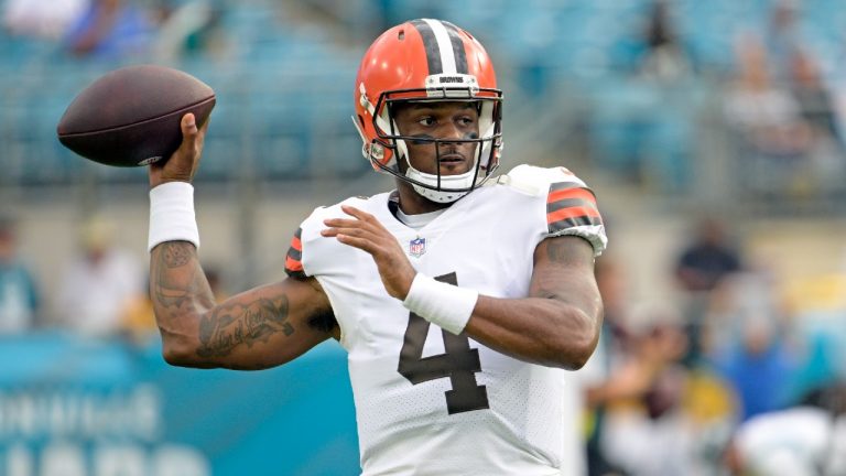 Cleveland Browns quarterback Deshaun Watson (4) warm up before an NFL preseason football game against the Jacksonville Jaguars, Friday, Aug. 12, 2022, in Jacksonville, Fla. (Phelan M. Ebenhack/AP)