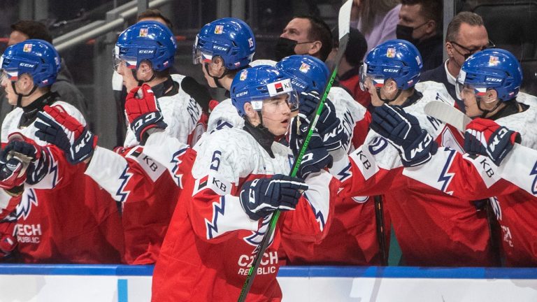 Czech Republic's David Jiricek (5) celebrates a goal against Canada during first period IIHF World Junior Hockey Championship action in Edmonton on Sunday, December 26, 2021. (Jason Franson/CP)