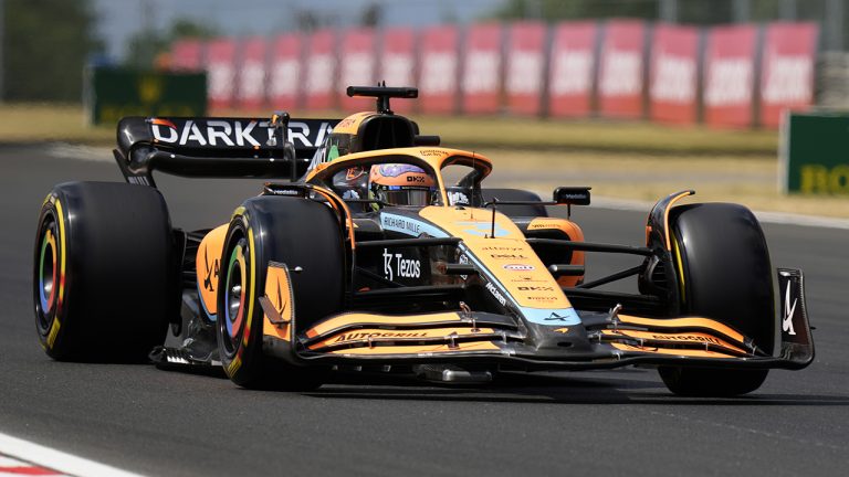 Mclaren driver Daniel Ricciardo of Australia steers his car during the first free practice for the Hungarian Formula One Grand Prix at the Hungaroring racetrack in Mogyorod, near Budapest, Hungary, Friday, July 29, 2022. The Hungarian Formula One Grand Prix will be held on Sunday. (Darko Bandic/AP)