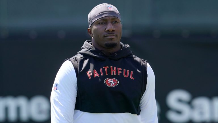 San Francisco 49ers wide receiver Deebo Samuel walks on the field at the NFL football team's practice facility in Santa Clara, Calif., Tuesday, June 7, 2022. (Jeff Chiu/AP)