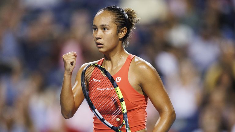 Leylah Fernandez of Canada reacts to a point against Storm Sanders of Australia during women’s tennis action at the National Bank Open in Toronto, Monday, Aug. 8, 2022. (Cole Burston/CP)