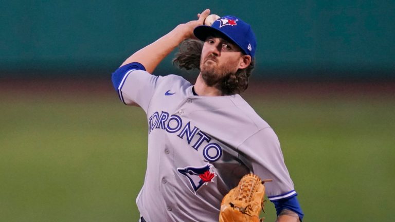 Toronto Blue Jays starting pitcher Kevin Gausman delivers during the first inning of a baseball game against the Boston Red Sox. (Charles Krupa/AP)