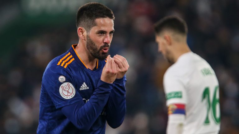 Real Madrid's Isco celebrates after scoring his side's second goal during a Copa del Rey soccer match between Elche and Real Madrid at Martinez Valero stadium in Elche, Spain, Thursday, Jan. 20, 2022. (Alberto Saiz/AP)