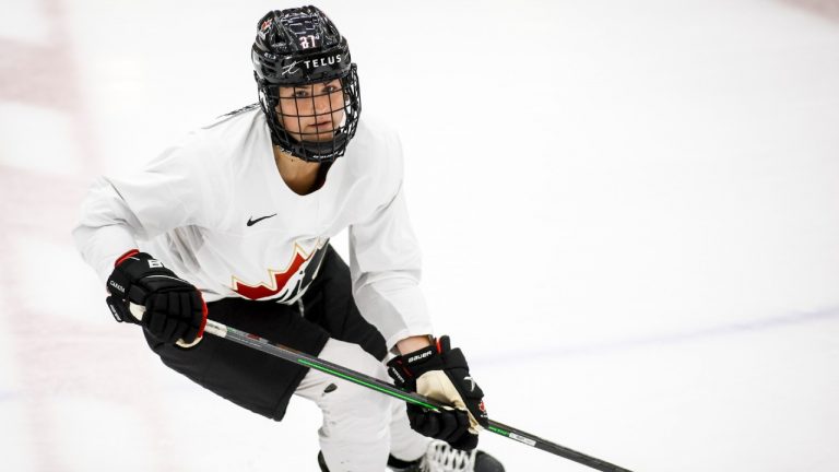 Jessie Eldridge skates at Hockey Canada's National Women’s Program selection camp in Calgary, Alta., Thursday, Aug. 4, 2022. (Jeff McIntosh/CP)