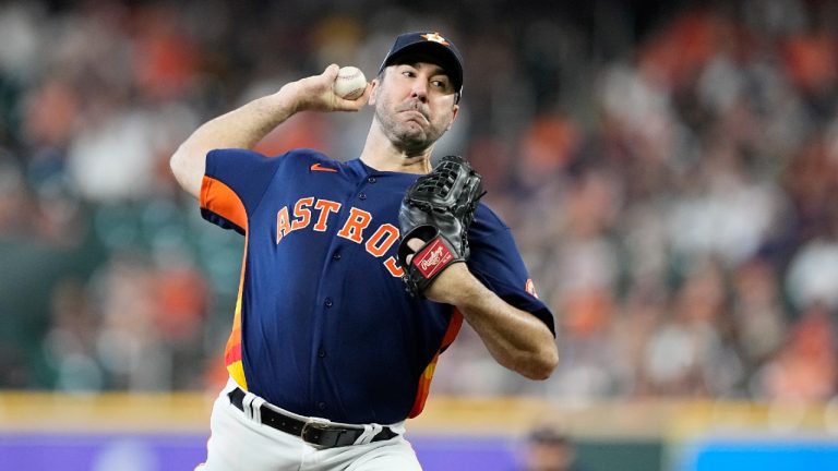 Houston Astros starting pitcher Justin Verlander throws against the Baltimore Orioles during the first inning of a baseball game Sunday, Aug. 28, 2022, in Houston. (David J. Phillip/AP)