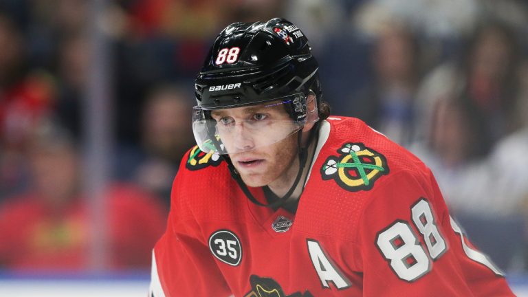 Chicago Blackhawks right wing Patrick Kane (88) waits for a faceoff during the second period of the team's NHL hockey game against the Buffalo Sabres on Friday, April 29, 2022, in Buffalo, N.Y. (Joshua Bessex/AP)