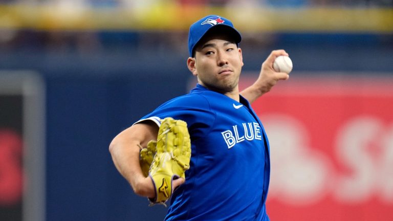 Toronto Blue Jays starting pitcher Yusei Kikuchi, of Japan, delivers to the Tampa Bay Rays during the first inning of a baseball game Wednesday, Aug. 3, 2022, in St. Petersburg, Fla. (Chris O'Meara/AP Photo)