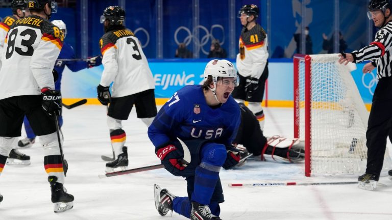 United States' Matt Knies celebrates a goal during a preliminary round men's hockey game against Germany at the 2022 Winter Olympics, Sunday, Feb. 13, 2022, in Beijing. (Petr David Josek/AP Photo)