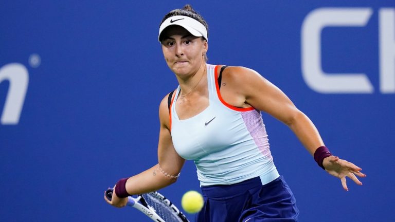 Bianca Andreescu, of Canada, returns a shot to Beatriz Haddad Maia, of Brazil, during the second round of the U.S. Open tennis championships, Wednesday, Aug. 31, 2022, in New York. (Frank Franklin II/AP)