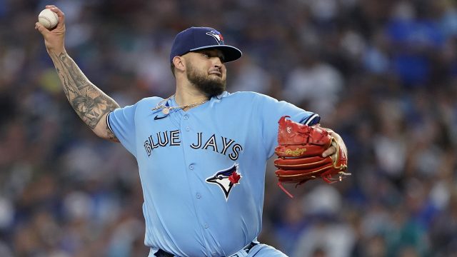 Toronto Blue Jays' Danny Jensen (9) hits a single during second inning AL  MLB baseball action against the Boston Red Sox, in Toronto on Saturday  October 1, 2022. THE CANADIAN PRESS/Christopher Katsarov