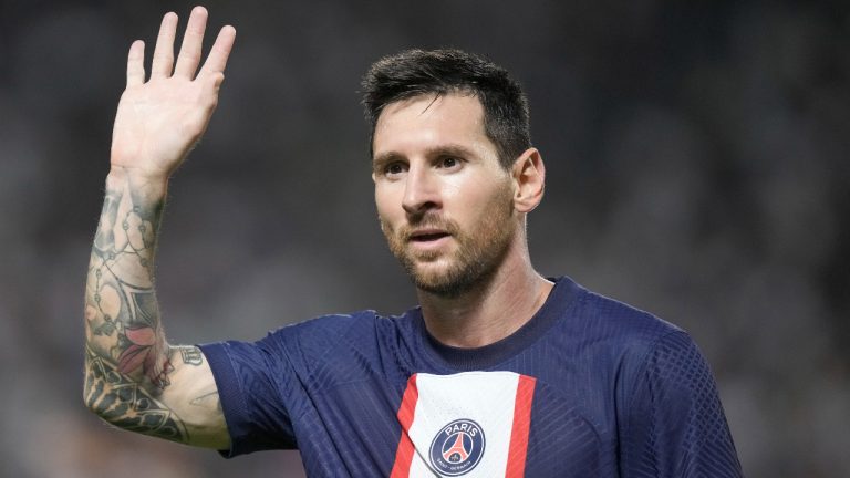 PSG's Lionel Messi waves during the French Super Cup final soccer match between Nantes and Paris Saint-Germain at Bloomfield Stadium in Tel Aviv, Israel, Sunday, July 31, 2022. (Ariel Schalit/AP)