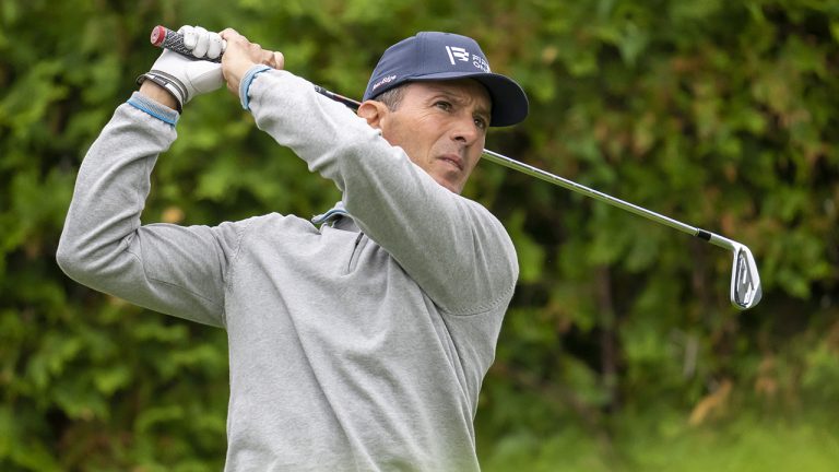 Mike Weir of Canada watches his tee shot on the 13th hole during the first round of the Canadian Open in Toronto on Thursday, June 9, 2022. (Frank Gunn/CP)