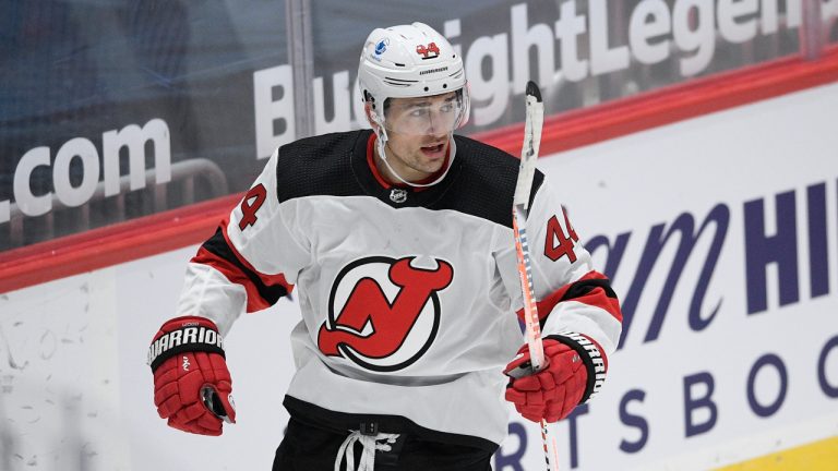 New Jersey Devils left wing Miles Wood celebrates his goal during the second period of the team's NHL hockey game. (Nick Wass/AP)