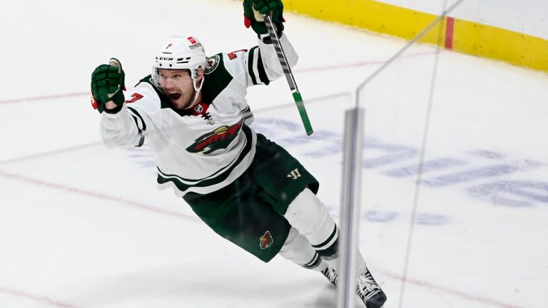 Former Minnesota Wild defenceman Dmitry Kulikov (7) celebrates after scoring the winning goal against the Nashville Predators in overtime of an NHL hockey game Sunday, April 24, 2022, in Nashville, Tenn. (Mark Zaleski/AP)