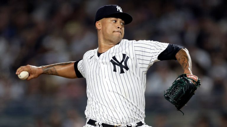 New York Yankees pitcher Frankie Montas throws during the fifth inning of the team's baseball game against the Toronto Blue Jays on Thursday, Aug. 18, 2022, in New York. (Adam Hunger/AP)