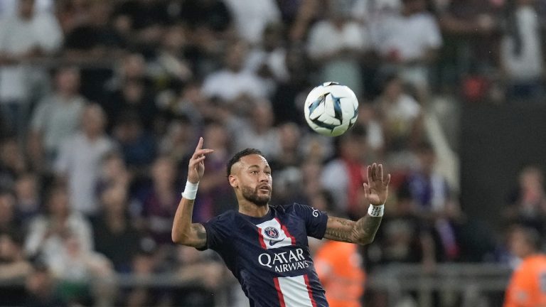 PSG's Neymar controls the ball during the French Super Cup final soccer match between Nantes and Paris Saint-Germain at Bloomfield Stadium in Tel Aviv, Israel, Sunday, July 31, 2022. (Ariel Schalit/AP)