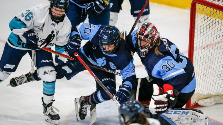 Team Bauer Kristin O'Neill, centre, is knocked into goalie Ann-Renee Desbiens, right, by Team Sonnet Loren Gabel during first period PWHPA Dream Tour hockey action in Calgary, Monday, May 24, 2021. (Jeff McIntosh/CP)