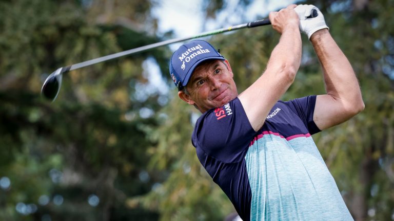 Padraig Harrington hits from the 18th tee during the PGA Tour Champion's Shaw Charity Classic golf event in Calgary, Alta., Friday, Aug. 5, 2022. (Jeff McIntosh/CP)