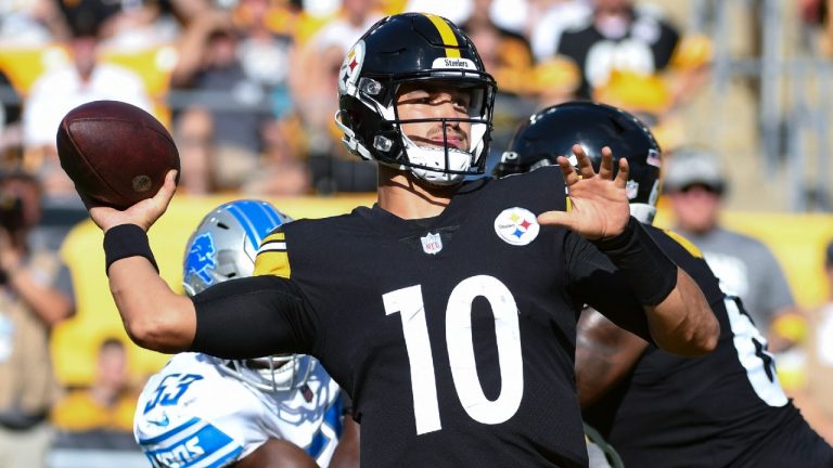 Pittsburgh Steelers quarterback Mitch Trubisky (10) passes against the Detroit Lions during the first half of an NFL preseason football game, Sunday, Aug. 28, 2022, in Pittsburgh. (Fred Vuich/AP)