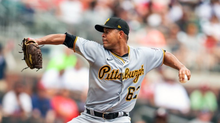 Pittsburgh Pirates starting pitcher Jose Quintana (62) throws in the first inning of a baseball game against the Atlanta Braves, Sunday, June 12, 2022, in Atlanta. (Hakim Wright Sr./AP Photo)