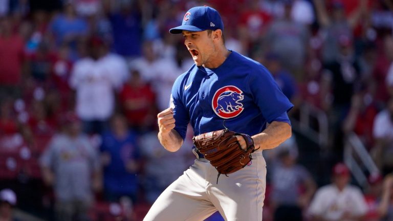 Chicago Cubs relief pitcher David Robertson celebrates after striking out St. Louis Cardinals' Nolan Arenado for the final out of a baseball game Sunday, June 26, 2022, in St. Louis. The Cubs won 6-5 in 10 innings. (Jeff Roberson/AP Photo)