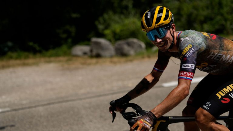 Slovenia's Primoz Roglic reacts during the thirteenth stage of the Tour de France cycling race over 193 kilometers (119.9 miles) with start in Le Bourg d'Oisans and finish in Saint-Etienne. (Thibault Camus/AP)