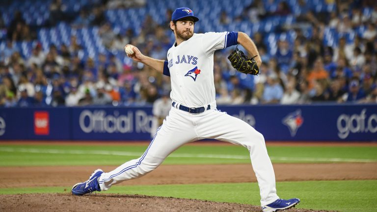 Toronto Blue Jays pitcher Jordan Romano (68) throws the ball during the ninth inning of AL MLB baseball action against the Detroit Tigers, in Toronto on Thursday, July 28, 2022. (Christopher Katsarov/CP)