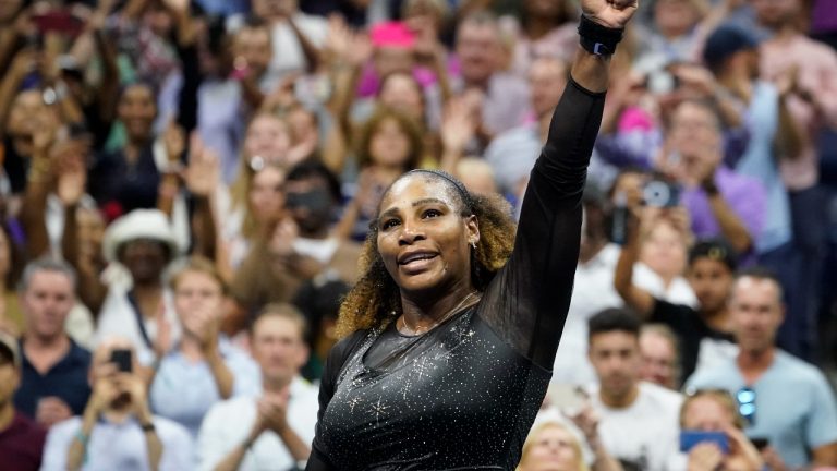 Serena Williams, of the United States, reacts after defeating Danka Kovinic, of Montenegro, during the first round of the US Open tennis championships. (John Minchillo/AP)