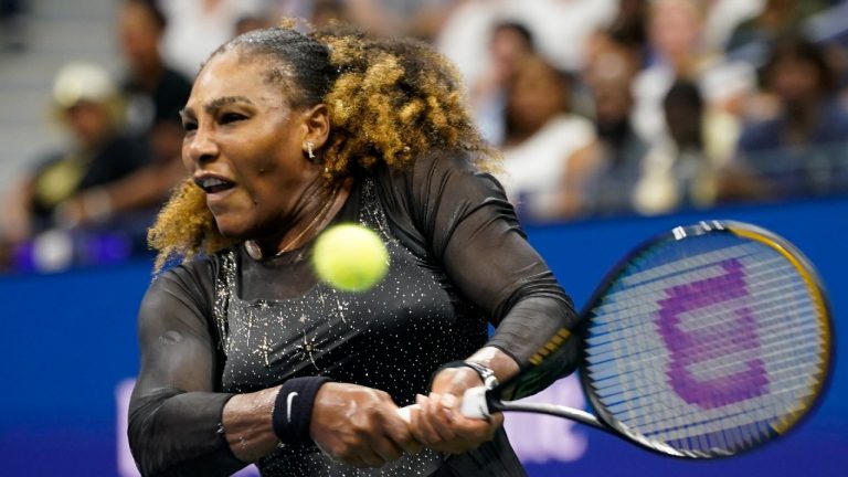 Serena Williams, of the United States, returns a shot to Danka Kovinic, of Montenegro, during the first round of the US Open tennis championships, Monday, Aug. 29, 2022, in New York. (John Minchillo/AP)