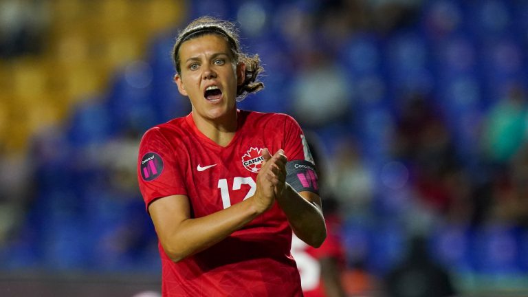 Canada's Christine Sinclair reacts during a CONCACAF Women's Championship soccer semifinal match against Jamaica in Monterrey, Mexico, Thursday, July 14, 2022. (Fernando Llano/AP)