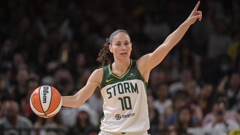 Seattle Storm guard Sue Bird (10) directs teammates during the second half of a WNBA game against the Las Vegas Aces. (Sam Morris/AP)