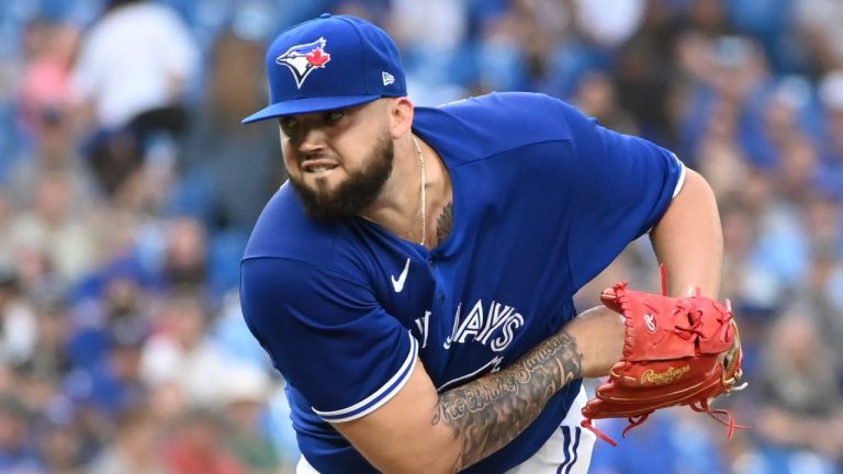 Toronto Blue Jays starting pitcher Alek Manoah throws to a Baltimore Orioles batter in first inning American League baseball action in Toronto on Tuesday, August 16, 2022. (Jon Blacker/CP)