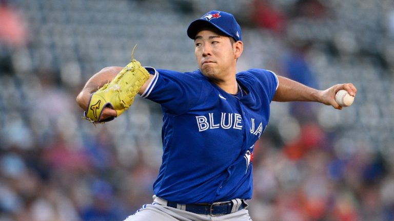 Toronto Blue Jays starting pitcher Yusei Kikuchi, of Japan, throws during the first inning of a baseball game against the Baltimore Orioles, Monday, Aug. 8, 2022, in Baltimore. (Nick Wass/AP)