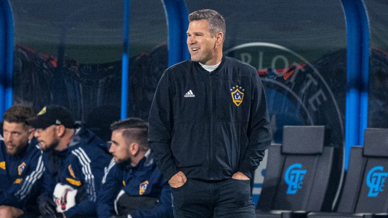 LA Galaxy manager Greg Vanney watches during the first half of the team's MLS soccer match against Charlotte FC in Charlotte, N.C., Saturday, March 5, 2022. (Jacob Kupferman/AP)