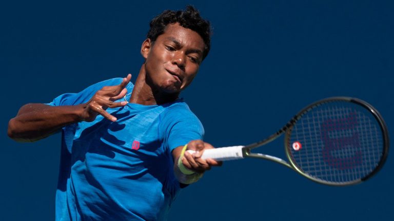 Canadian junior player Jaden Weekes is shown in action in Montreal on Saturday, Aug.6, 2022 in a Tennis Canada handout photo. (CP/HO-Tennis Canada)