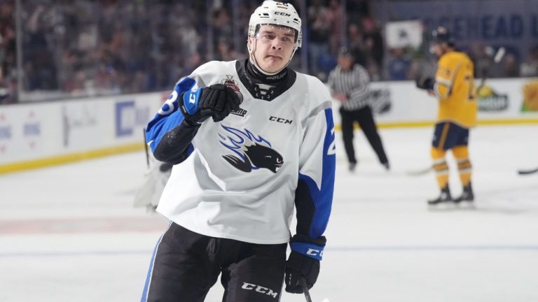 Saint John Sea Dogs' William Dufour reacts after scoring his third goal of the game during the second period of Memorial Cup hockey action against the Shawinigan Cataractes in Saint John, N.B. (Darren Calabrese/CP)