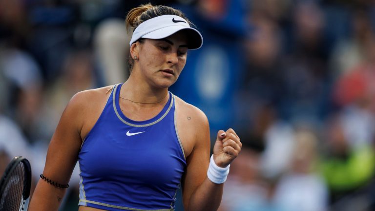 Bianca Andreescu, of Canada, celebrates a point against Daria Kasatkina, of Russia, during tennis action at the National Bank Open in Toronto. (Cole Burston/CP)