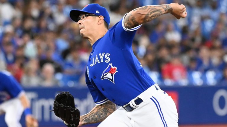 Toronto Blue Jays relief pitcher Anthony Banda throws to a Detroit Tigers batter in the eighth inning of American League baseball action in Toronto, Friday, July 29, 2022. (Jon Blacker/CP)