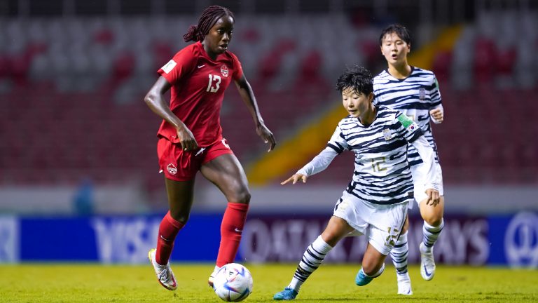 Canada's Simi Awujo, left, controls the ball during FIFA U-20 Women's World Cup action as South Korea's Lee Seran defends in San Jose, Costa Rica on Thursday Aug. 11, 2022.
(HO-Canada Soccer-Daniela Porcelli/CP)