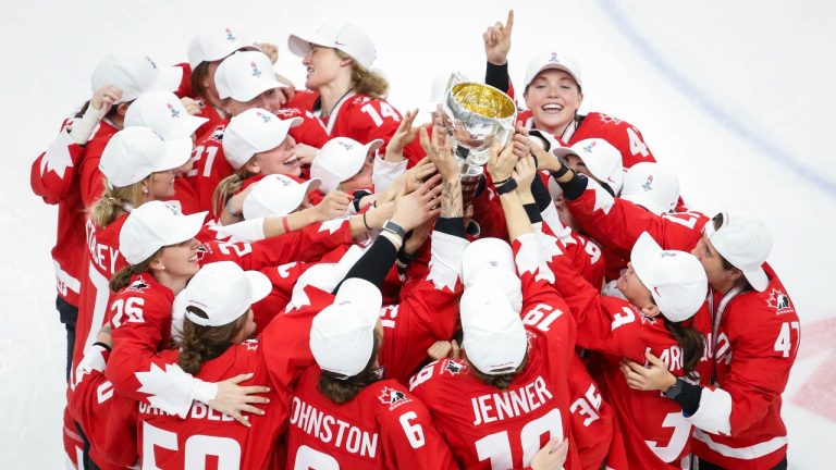 Team Canada celebrates defeating the United States to win gold at the IIHF Women's World Championship in Calgary, Tuesday, Aug. 31, 2021. Canada will host the 2023 women's world hockey championship. (Jeff McIntosh/CP)