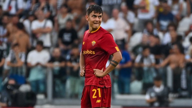 Roma's Paulo Dybala, who transferred this summer from Juventus, looks on during the Italian Serie A soccer match between Juventus and Roma at the Juventus stadium in Turin, Italy, Saturday, Aug. 27, 2022. (Marco Alpozzi/LaPresse via AP)