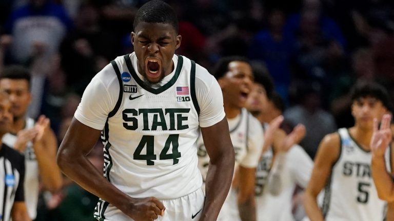 Michigan State forward Gabe Brown celebrates after scoring against Davidson during the second half of a college basketball game in the first round of the NCAA tournament on Saturday, March 19, 2022, in Greenville, S.C. (Chris Carlson/AP) 