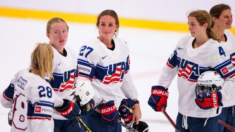 Taylor Heise is awarded best player of of USA after the IIHF World Championship Women's ice hockey match between Japan and USA in Herning, Denmark, Thursday, Aug. 25, 2022. (Bo Amstrup/Ritzau Scanpix via AP)